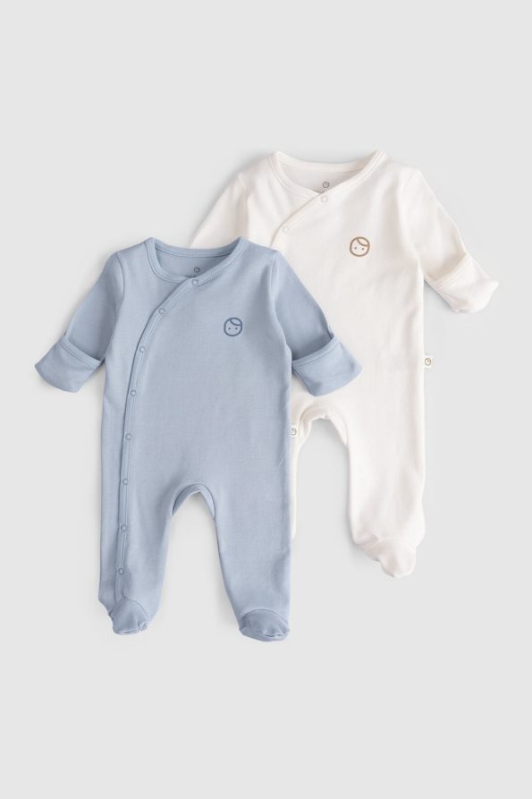 Self-Mitten Footed 2-Piece Organic Cotton Blue - Ecru Romper Set