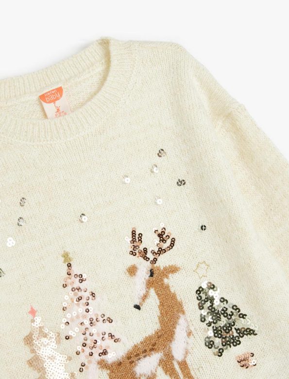 Girls' Long Sleeve Deer Embroidered Sequin Knit Sweater