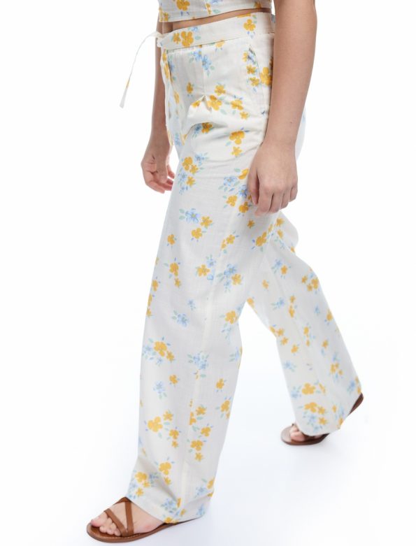 Girls' Cotton Floral Print Wide Leg Trousers with Belt Detail
