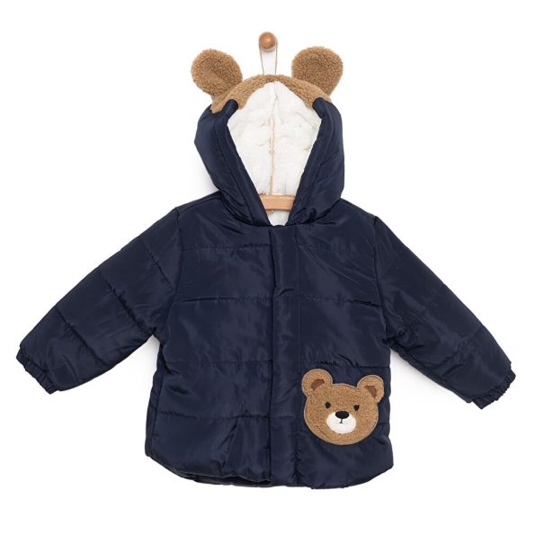Boys' Basic Quilted Bear Print Crew Neck Long Sleeve Jacket Navy