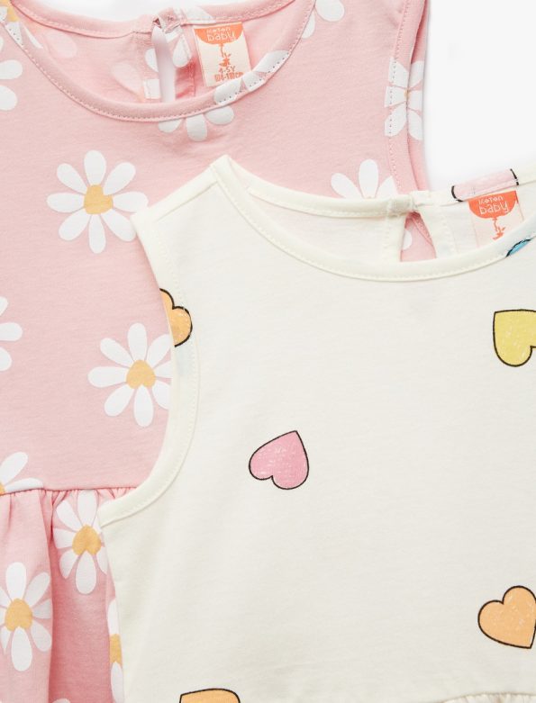 Girls' Cotton Bicycle Neck Dress Set with Heart and Flower Print