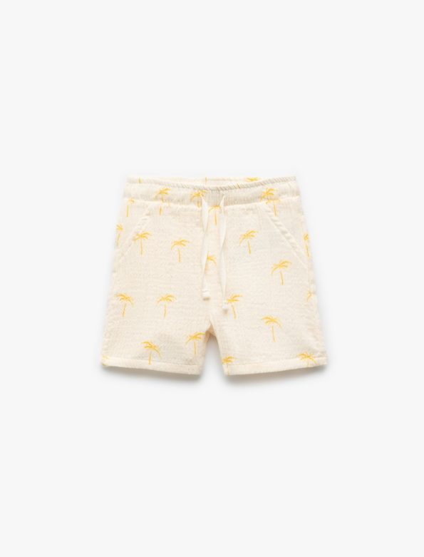 Boys' Cotton Muslin Shorts with Palm Print and Drawstring Waist