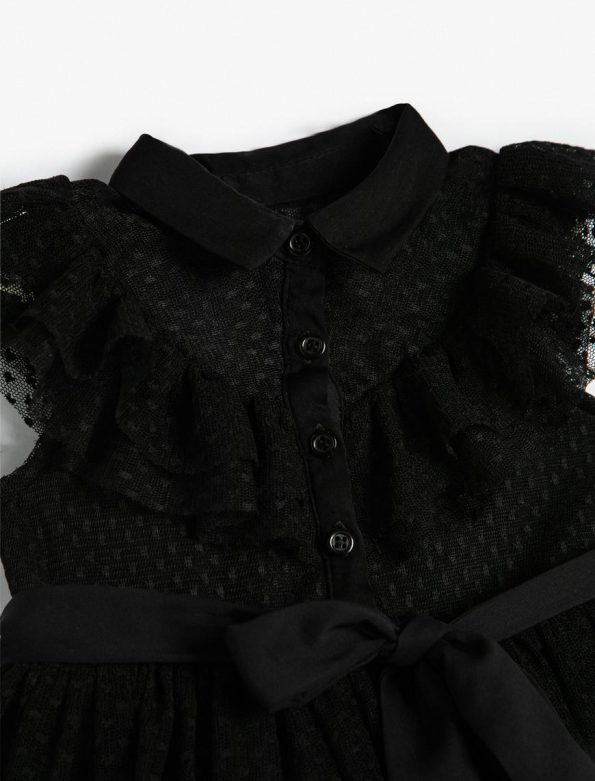 Girls' Tulle Dress with Shirt Collar and Button Details