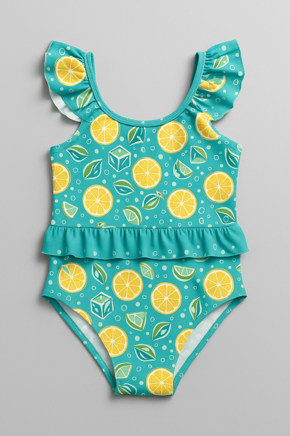 Girls' Turquoise Lemon Print Ruffled One-Piece Swimsuit