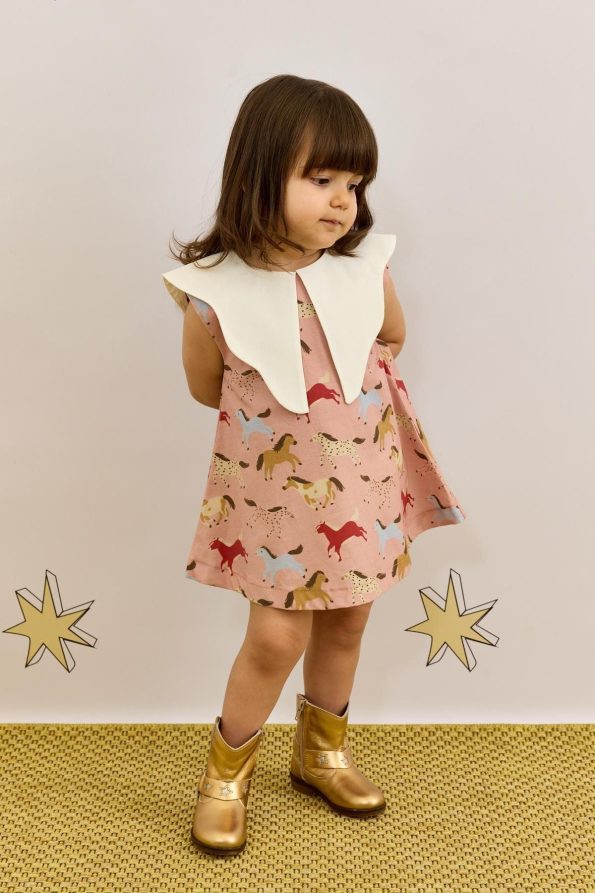 Asymmetrical Collar Pink Horse Print Dress