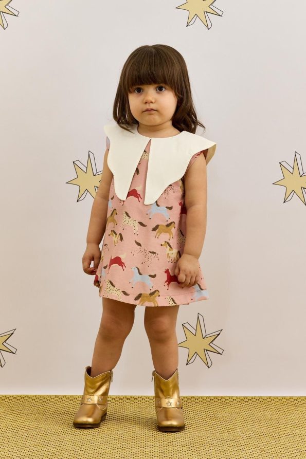 Asymmetrical Collar Pink Horse Print Dress