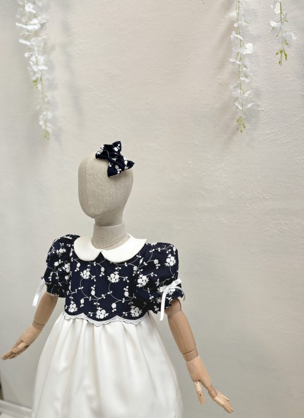 Navy Embossed Flower Dress with 2 Hair Clips