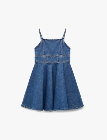 Girls' Cotton Pleated Thin Strapped Denim Dress