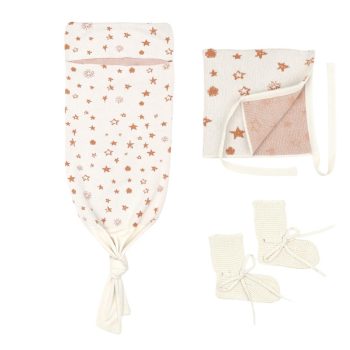 Swaddle Blanket Hat Booties Gift Set Cream
