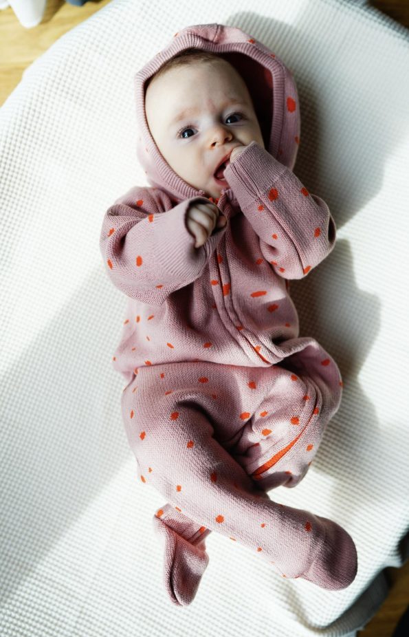 Hooded Patterned Organic Cotton Baby Knitted Romper Pink