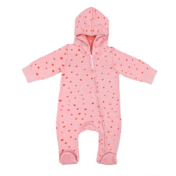 Hooded Patterned Organic Cotton Baby Knitted Romper Pink