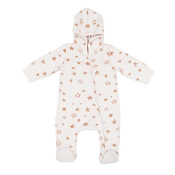 Hooded Patterned Organic Cotton Baby Knit Romper Cream