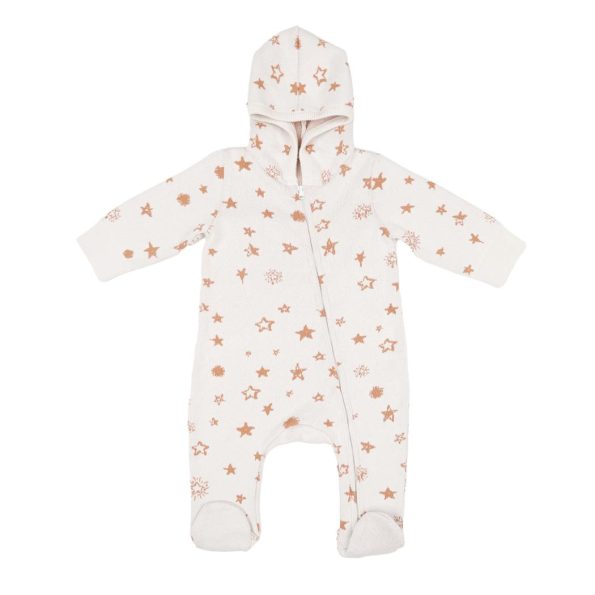 Hooded Patterned Organic Cotton Baby Knit Romper Cream