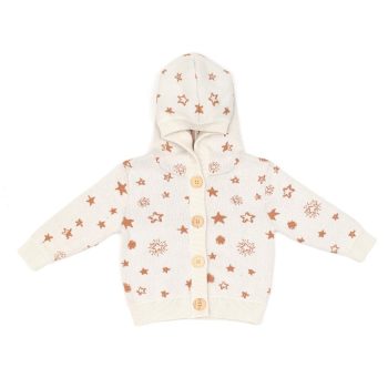 Hooded Patterned Organic Cotton Baby and Kids Cardigan Cream