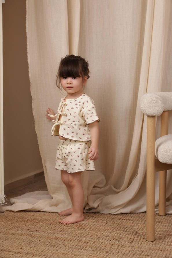 Lace-Up Bow Patterned Girls' Short Set