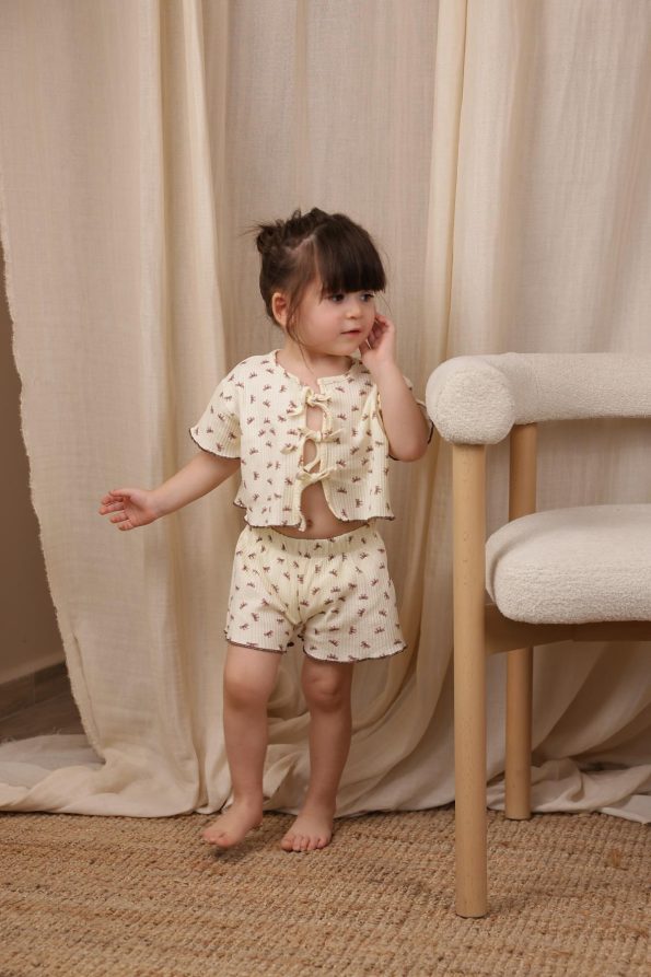Lace-Up Bow Patterned Girls' Short Set