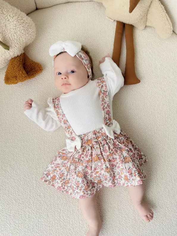 Spring Patterned Ruffle Shoulder Bow Headband 3-Piece Baby Girl Romper & Dress Set