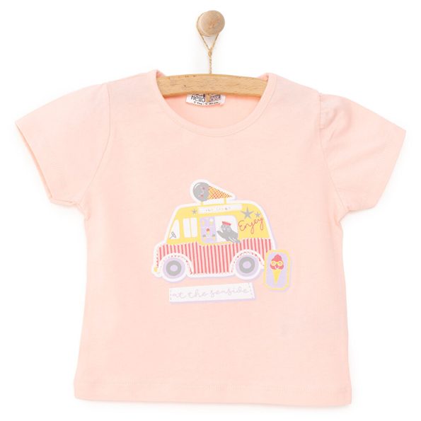 Girls' Basic T-Shirt with Ice Cream Cart Print in Light Pink