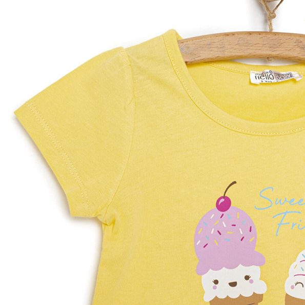 Girls' Basic T-Shirt with Ice Cream Print Yellow
