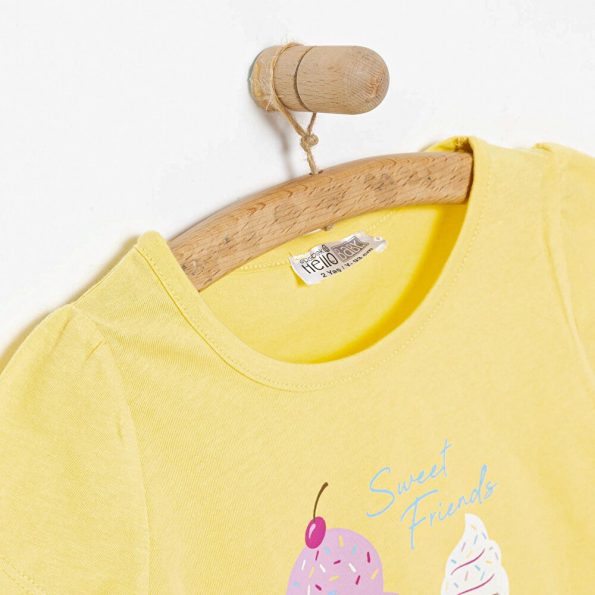 Girls' Basic T-Shirt with Ice Cream Print Yellow