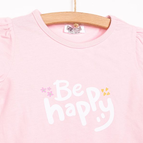 Girls' Basic T-Shirt and Shorts Set - Be Happy Design in Light Pink