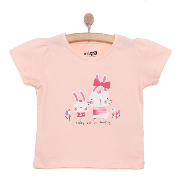Girls' Basic T-Shirt with Rabbit Print in Salmon