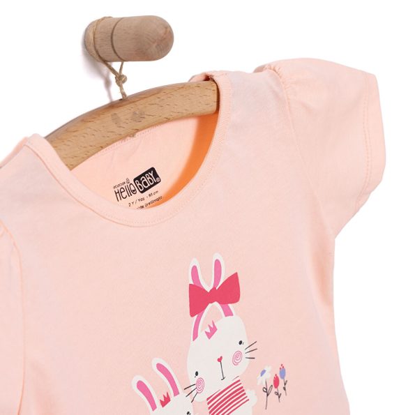 Girls' Basic T-Shirt with Rabbit Print in Salmon