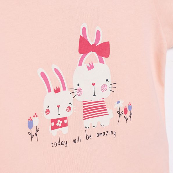 Girls' Basic T-Shirt with Rabbit Print in Salmon