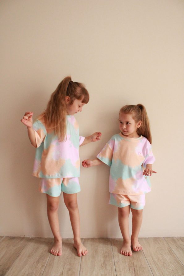 Tie-Dye Heart Embroidered Shorts Set