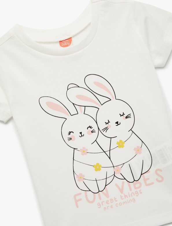 Girls' Short Sleeve Rabbit Print Cotton T-Shirt