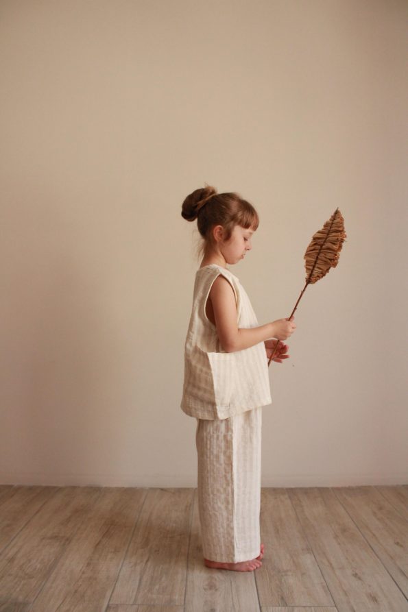 Beige Striped Asymmetrical Pocket Muslin Set