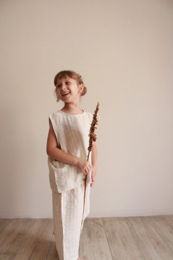 Beige Striped Asymmetrical Pocket Muslin Set