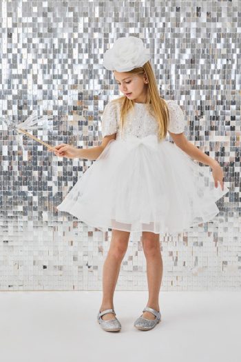 White Beaded Sequin Girl's Dress - Gloria