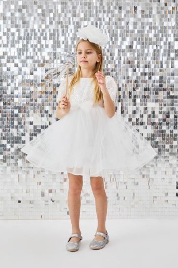 White Beaded Sequin Girl's Dress - Gloria