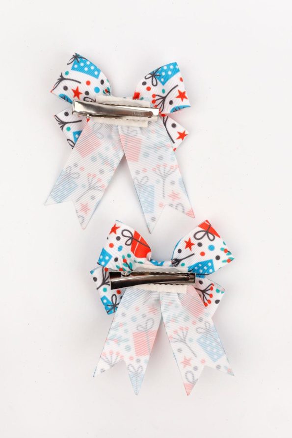 White Gift Package Printed 2-Piece Bow Clip Set for Girls