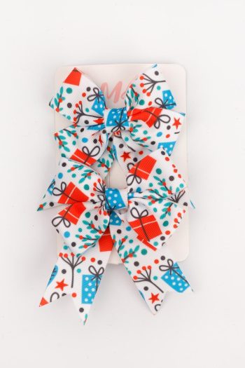 White Gift Package Printed 2-Piece Bow Clip Set for Girls