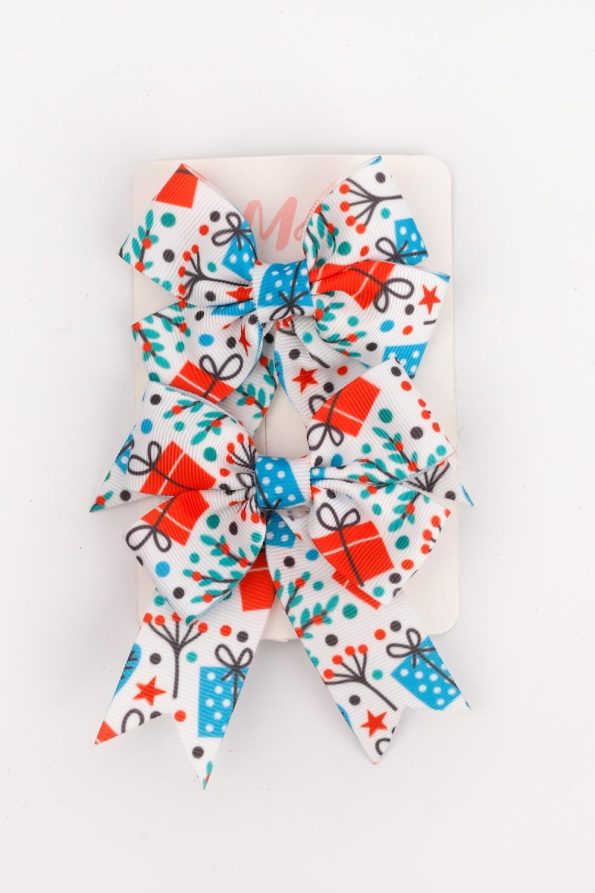 White Gift Package Printed 2-Piece Bow Clip Set for Girls