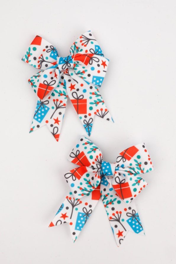 White Gift Package Printed 2-Piece Bow Clip Set for Girls