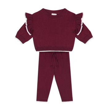 White Contrast Detail Ruffled Burgundy Knit Baby Sweater