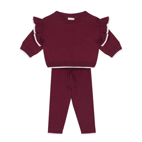 White Contrast Detail Ruffled Burgundy Knit Baby Sweater