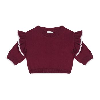 White Contrast Detail Ruffled Burgundy Knit Baby Sweater