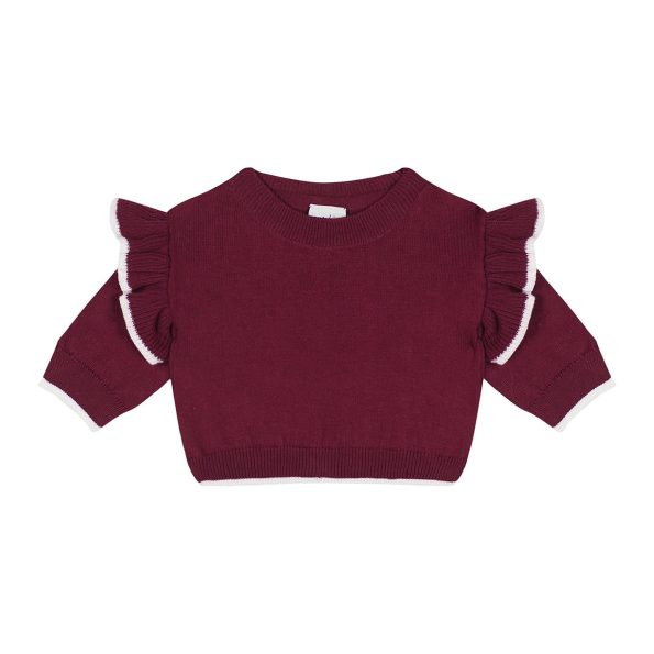 White Contrast Detail Ruffled Burgundy Knit Baby Sweater