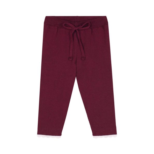 White Contrast Detail Ruffled Burgundy Knit Baby Sweater