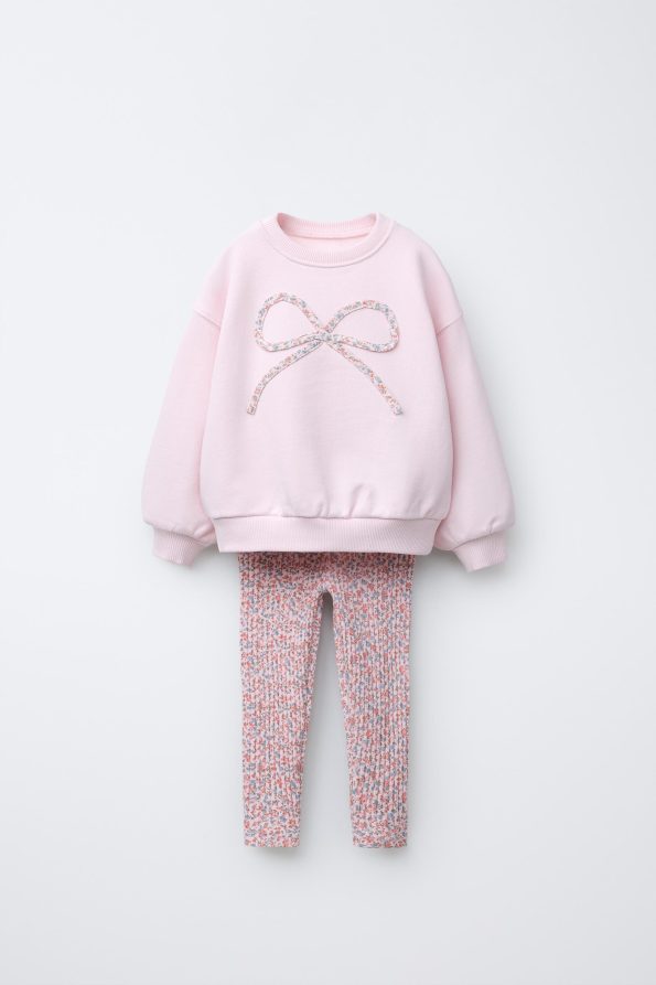 Girls' Cotton Pink Bow Patterned Sweatshirt and Floral Leggings Set