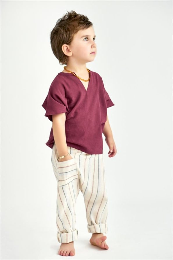 Burgundy and Blue Striped Harem Pants and Burgundy Samurai Shirt
