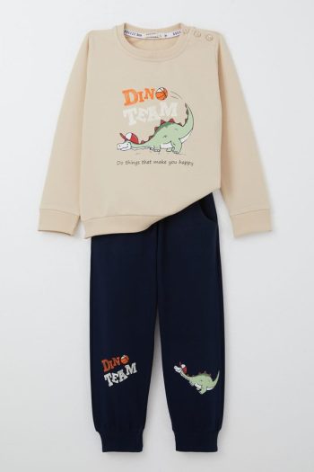 Boys' Dinosaur Print Beige Tracksuit Set (1-2 Years)