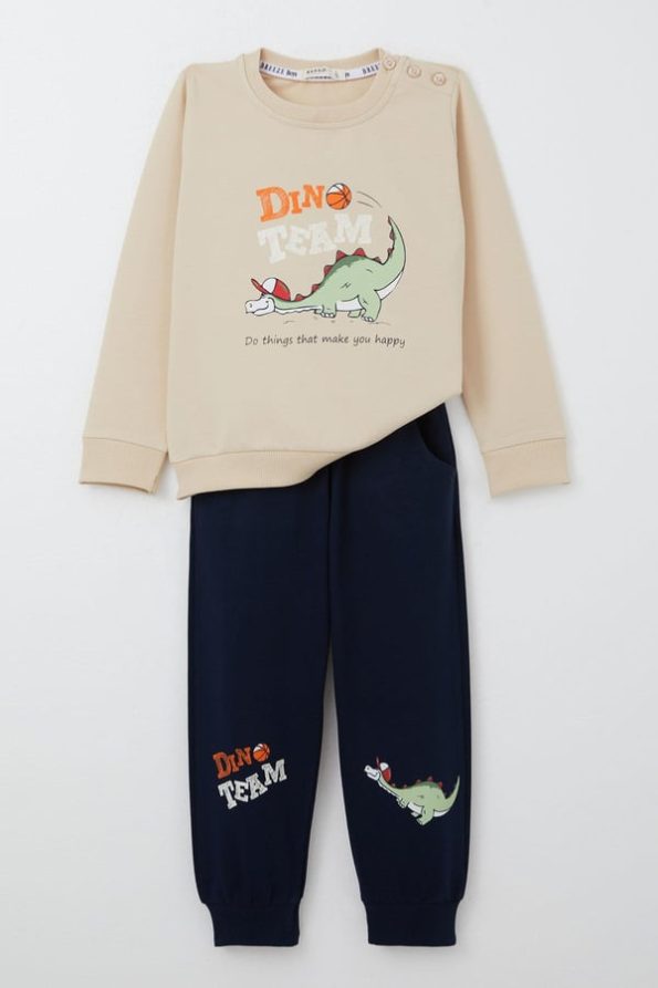 Boys' Dinosaur Print Beige Tracksuit Set (1-2 Years)