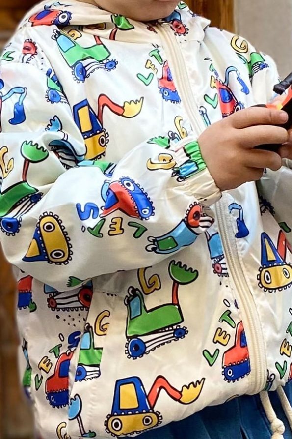 Boys' Baby Raincoat with Construction Vehicle Pattern Cream (1 Year)