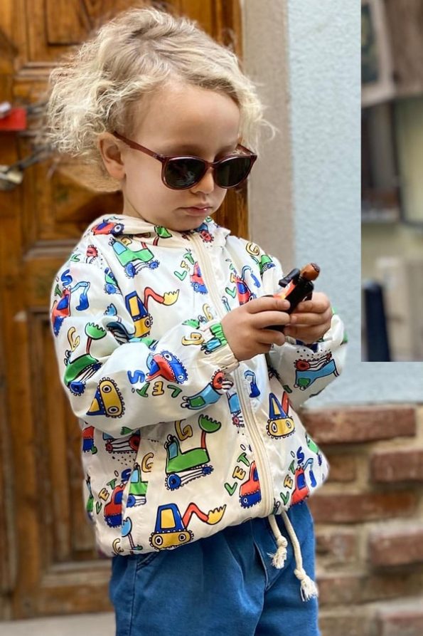 Boys' Baby Raincoat with Construction Vehicle Pattern Cream (1 Year)