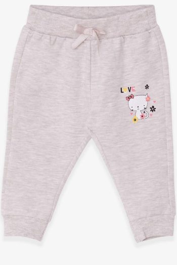 Girls' Baby Sweatpants with Cat Print in Beige Melange (6 Months - 1.5 Years)